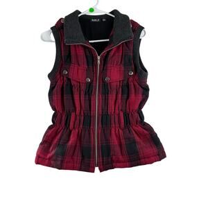 Allen B Red Buffalo Print Quilted Puffy Vest Women's Small Wool Blend Flattering